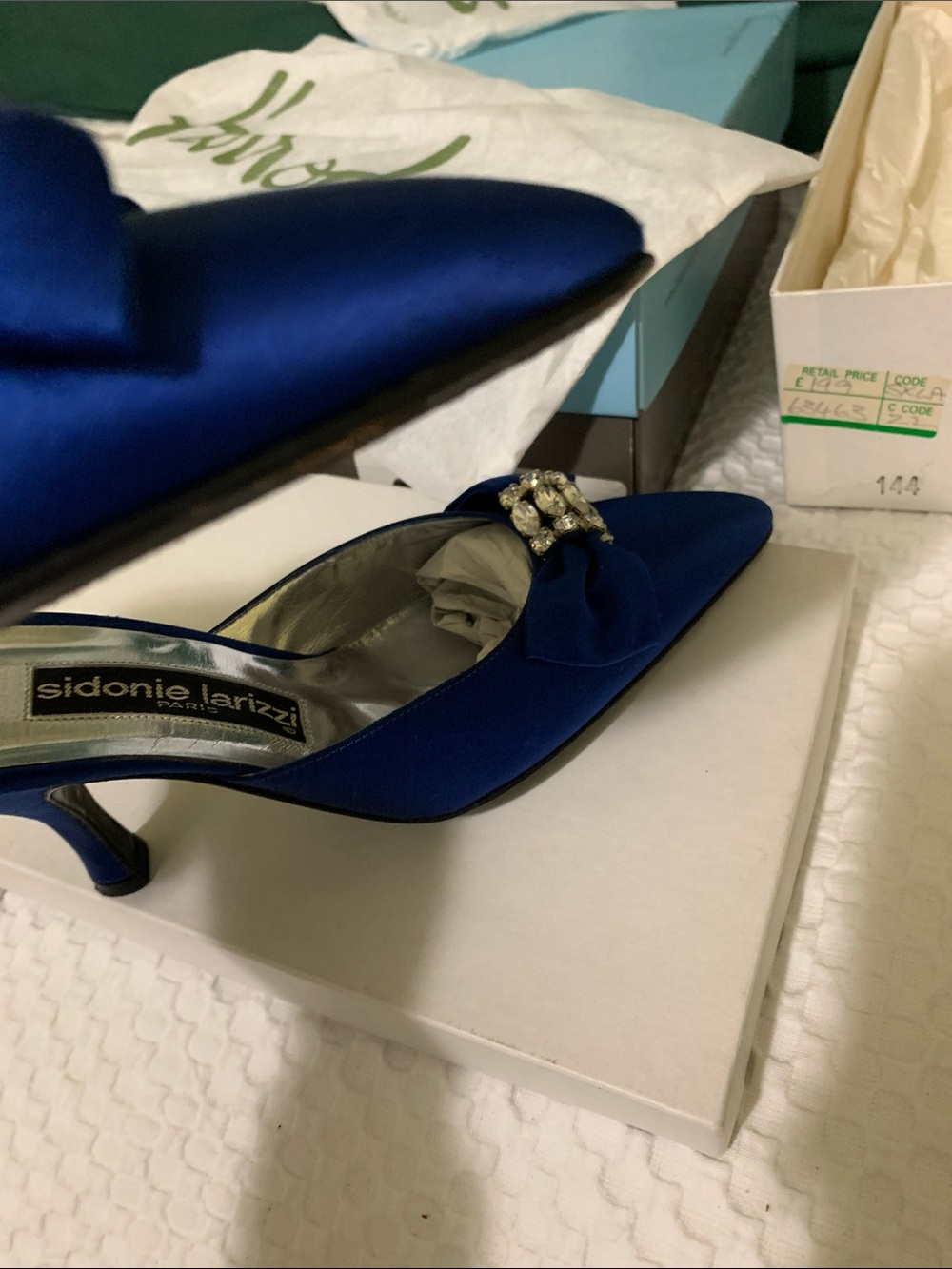 Sidonie Larizzí Harrods 38.5 Royal Blue Satin Pointed Toe Heels Crystal Buckle - Picture 7 of 10